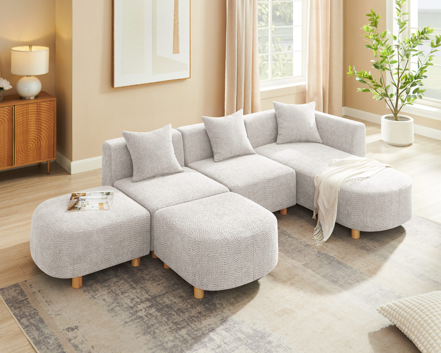 Boucle Modular Sectional Sofa with Ottoman - 5 Seater Cloud-Like