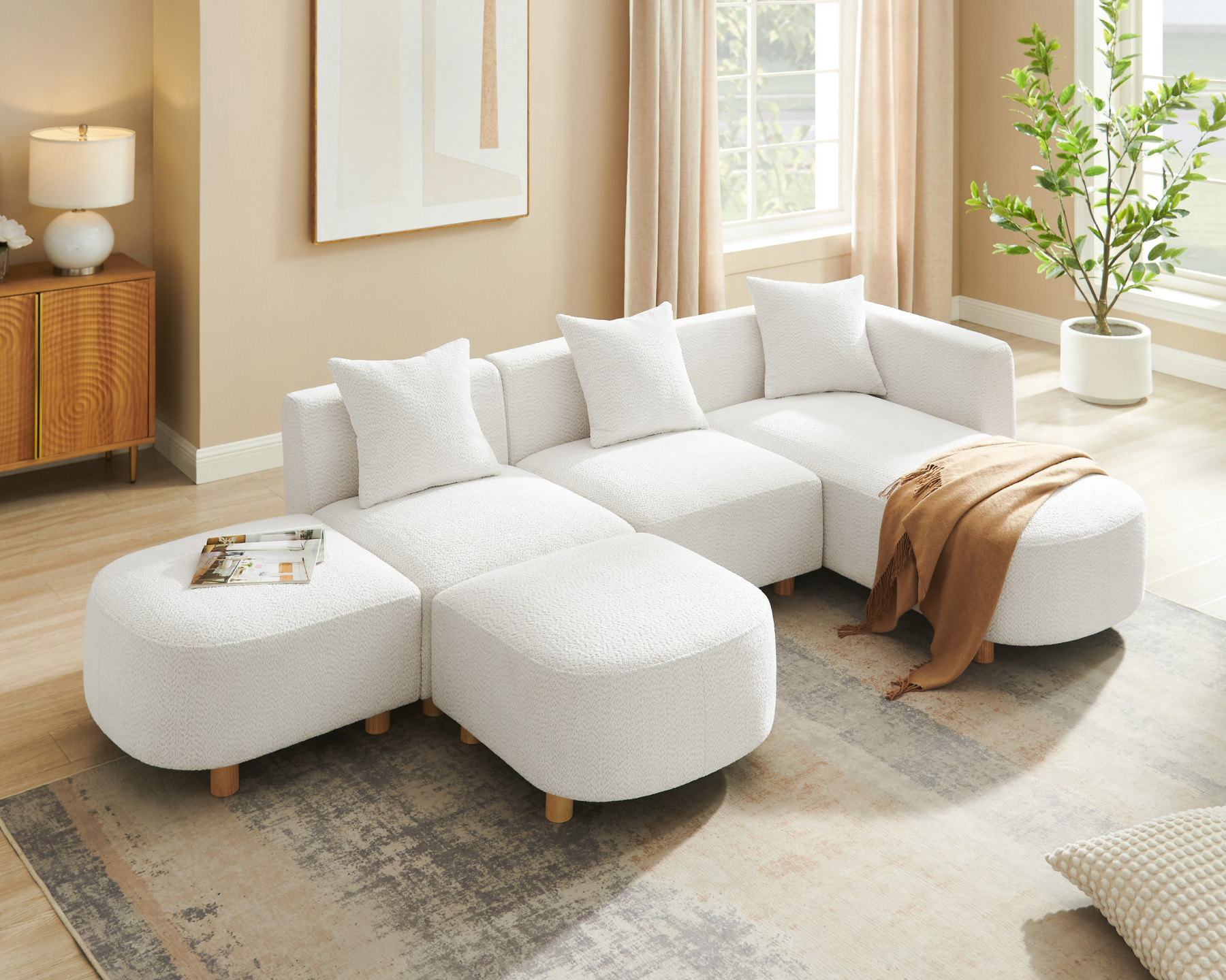 Boucle Modular Sectional Sofa with Ottoman - 5 Seater Cloud-Like Comfort for Living Room
