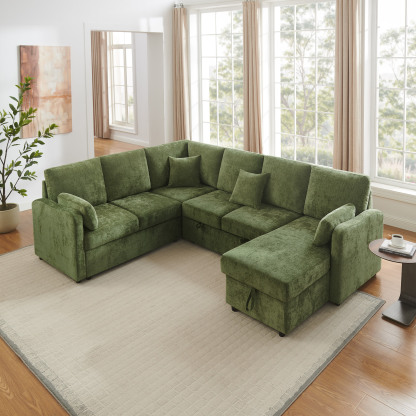 111.42" U-Shaped Pull Out Couch Modular Sleeper Sectional Sofa with Storage