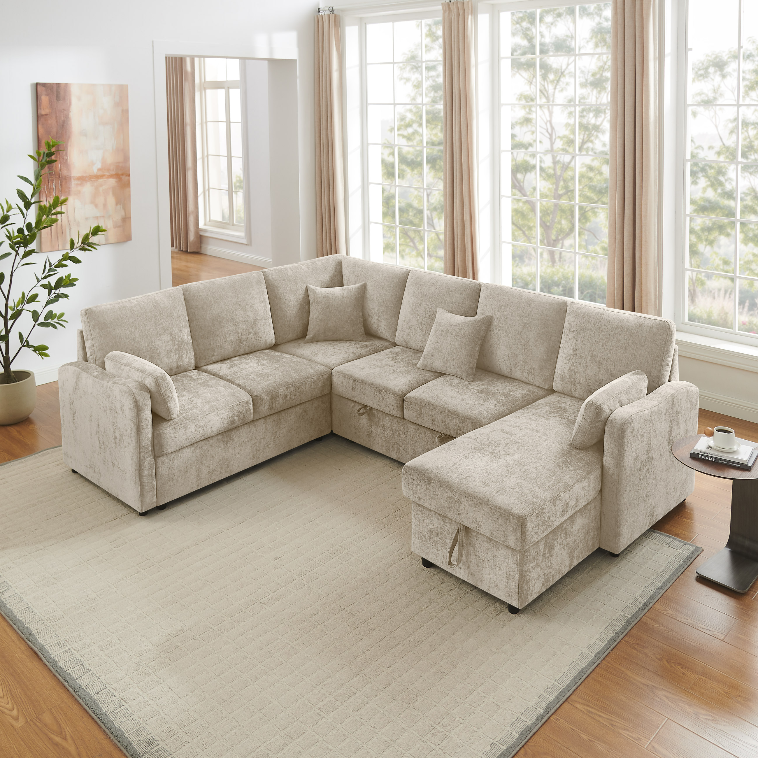 111.42" U-Shaped Pull Out Couch Modular Sleeper Sectional Sofa with Storage