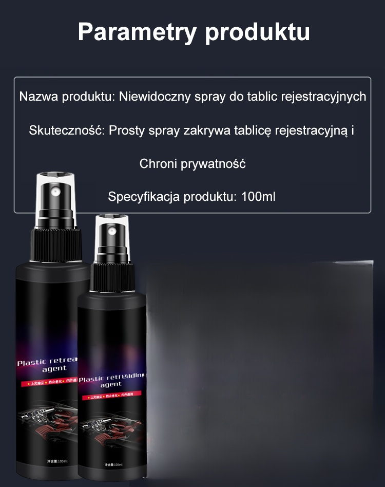 Niewidzialny spray do tablic rejestracyjnych