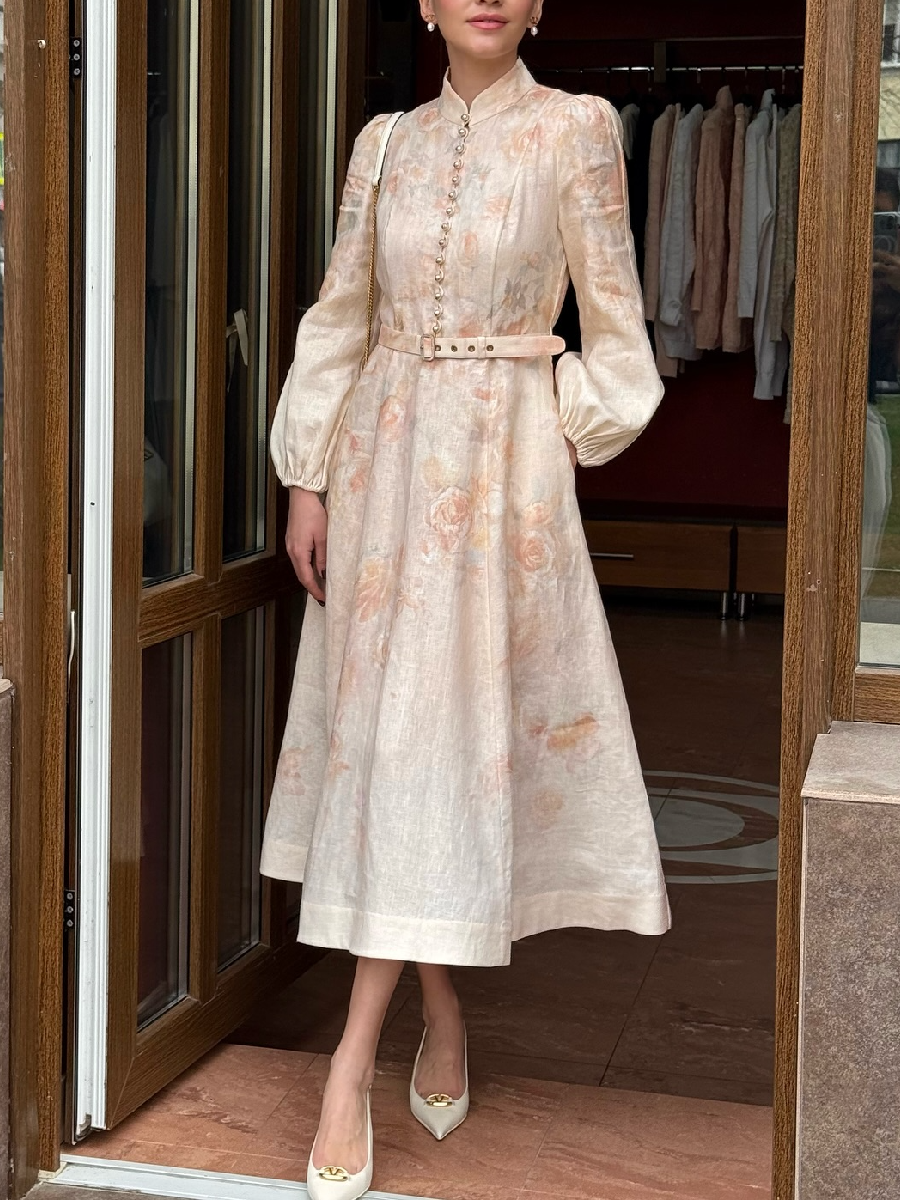Floral Long Sleeve Linen Dress