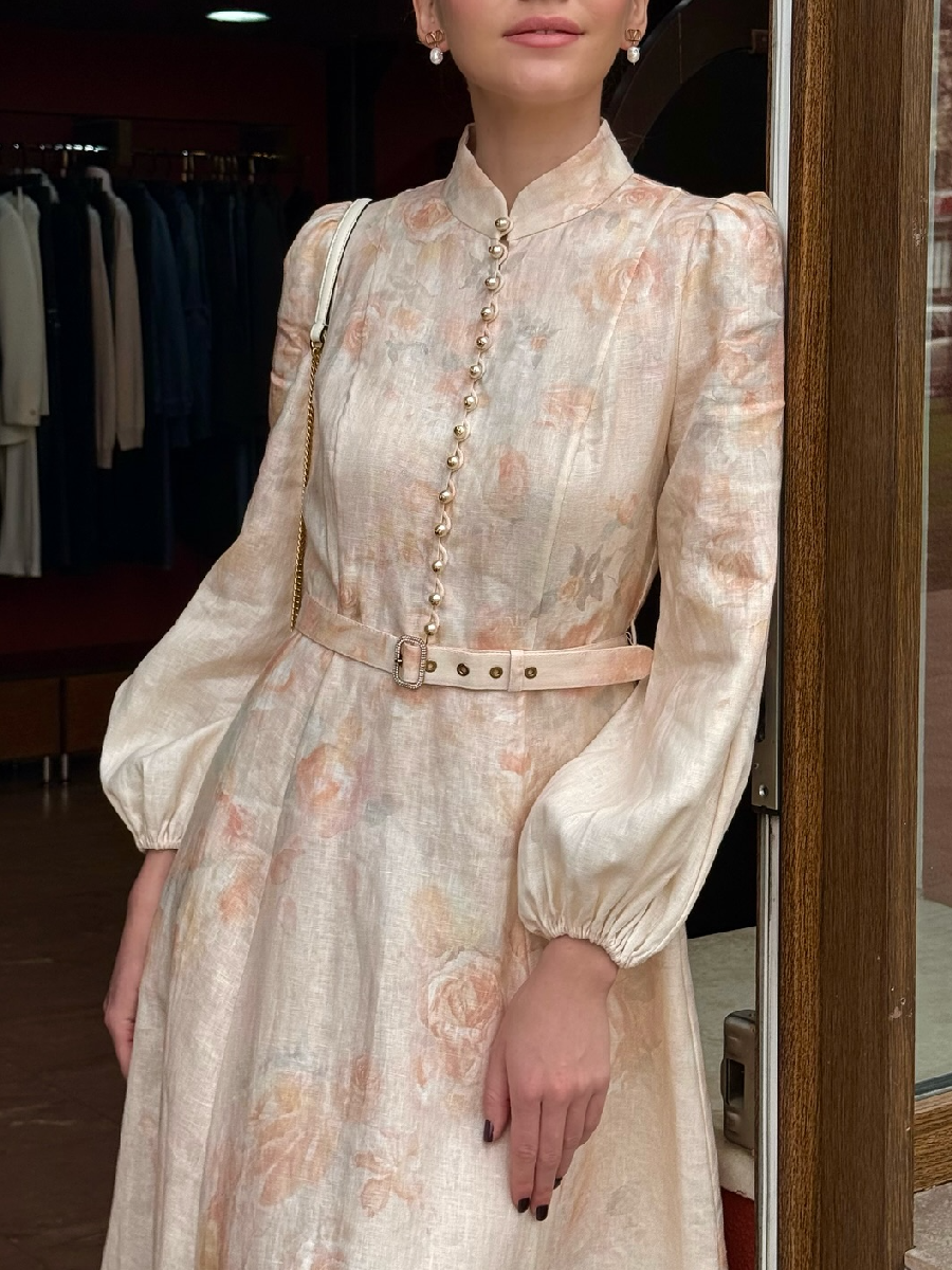 Floral Long Sleeve Linen Dress