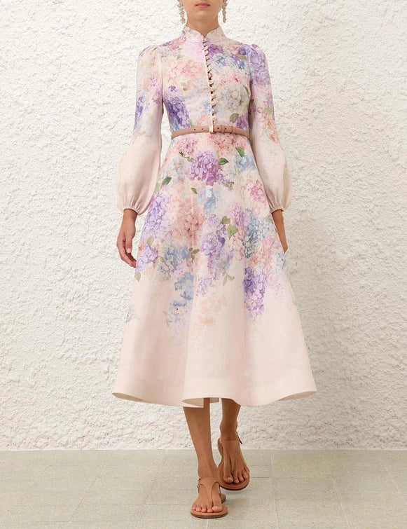 Multi Hydrangea Buttoned Midi Dress