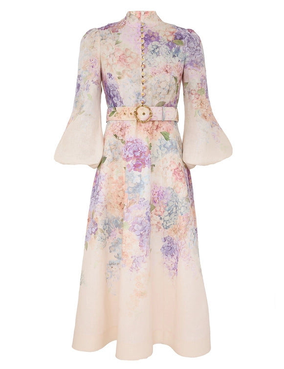 Multi Hydrangea Buttoned Midi Dress