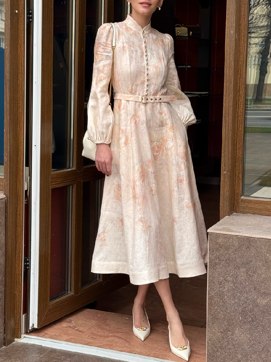 Floral Long Sleeve Linen Dress
