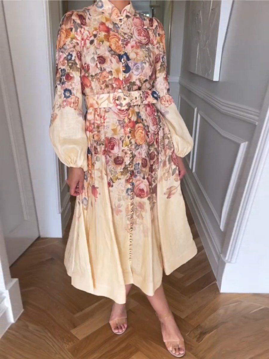 Luminosity Printed Linen Belted Midi Dress