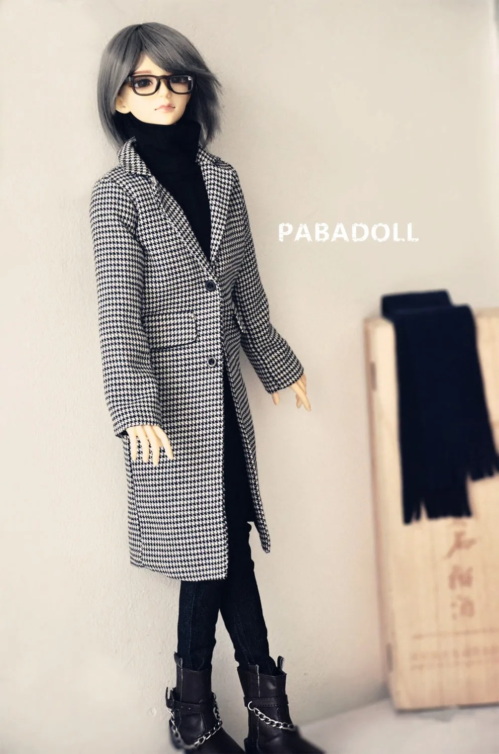 Custom Handsome Plaid Windbreaker Long Coat+Scarf for BJD 1/4 MSD 1/3 SD17 Uncle Doll Clothes CMB72