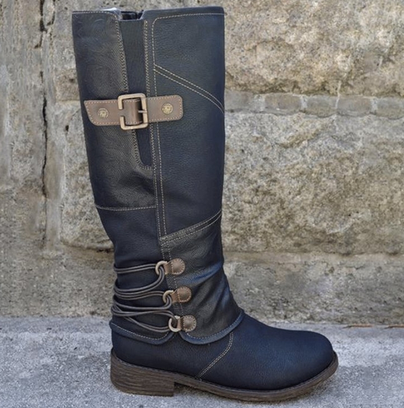 Botas de nieve altas con cremallera de cuero vintage para mujer