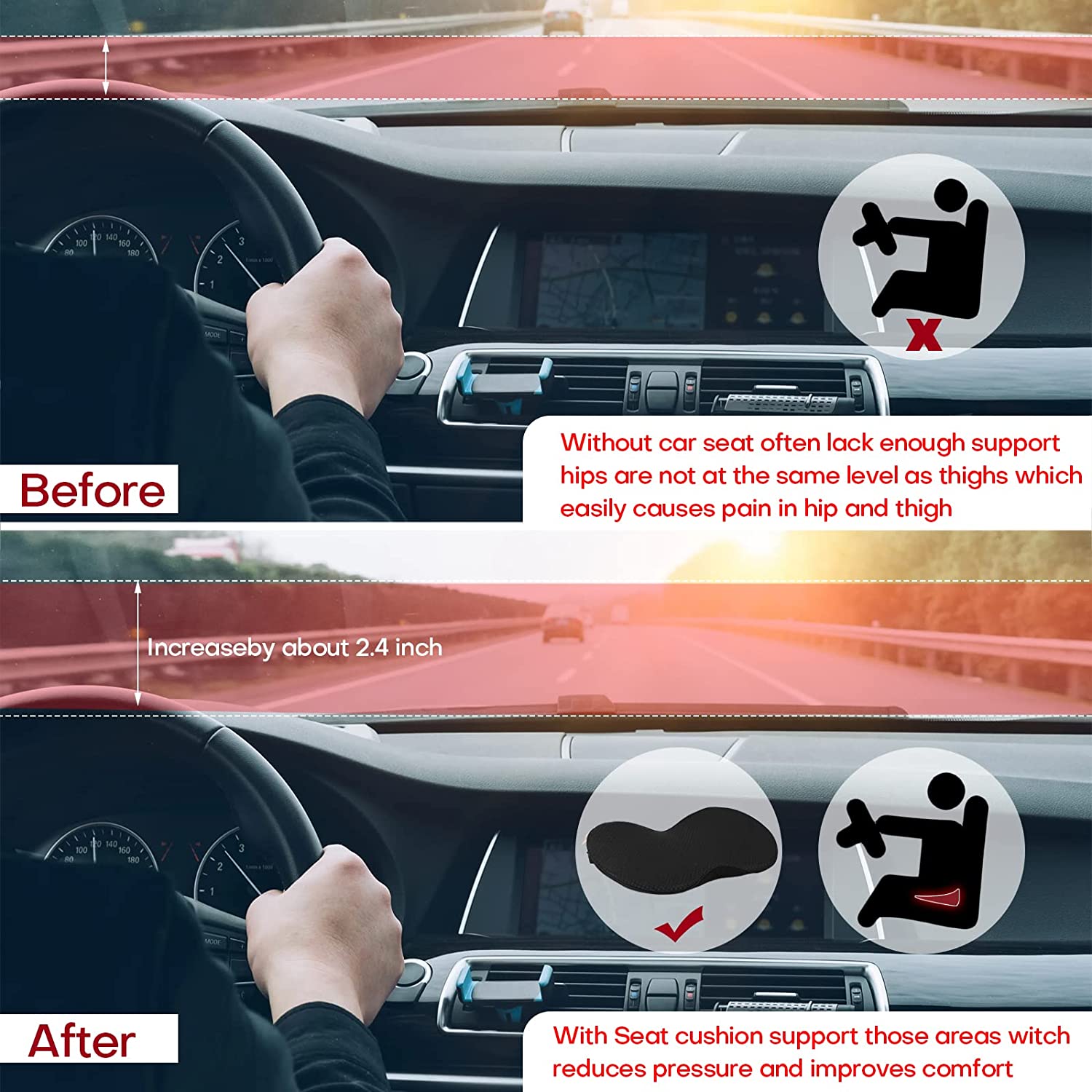 Cojín para asiento de coche para conductores de baja estatura