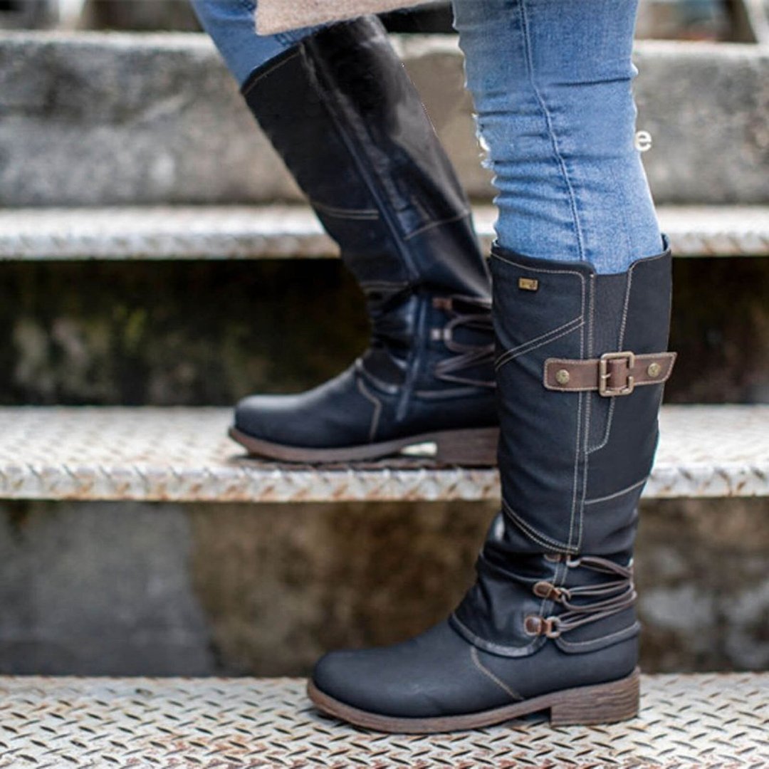 Botas de nieve altas con cremallera de cuero vintage para mujer
