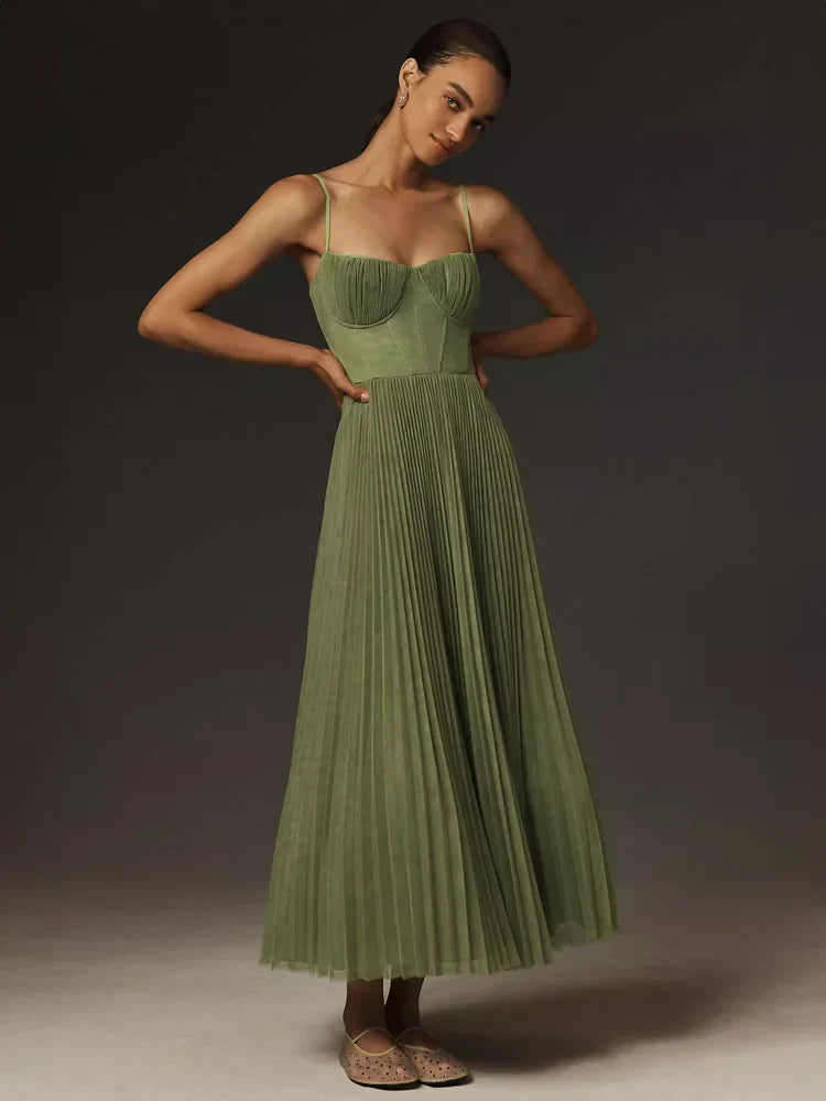Vestido Midi con Corpiño de Tul Plisado | Ideal para Primavera y Verano