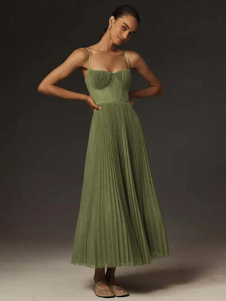 Vestido Midi con Corpiño de Tul Plisado | Ideal para Primavera y Verano