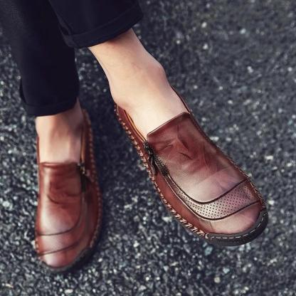 Zapatos de cuero sin cordones con cremallera y costuras a mano para hombre