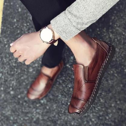 Zapatos de cuero sin cordones con cremallera y costuras a mano para hombre