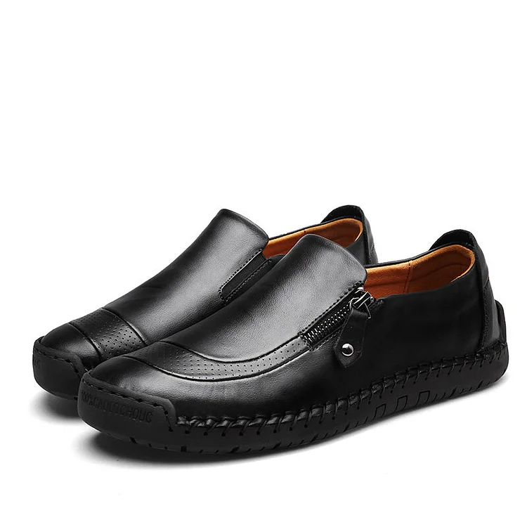 Zapatos de cuero sin cordones con cremallera y costuras a mano para hombre