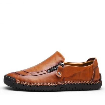 Zapatos de cuero sin cordones con cremallera y costuras a mano para hombre