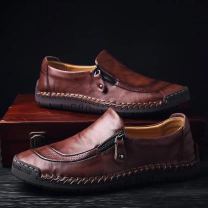 Zapatos de cuero sin cordones con cremallera y costuras a mano para hombre