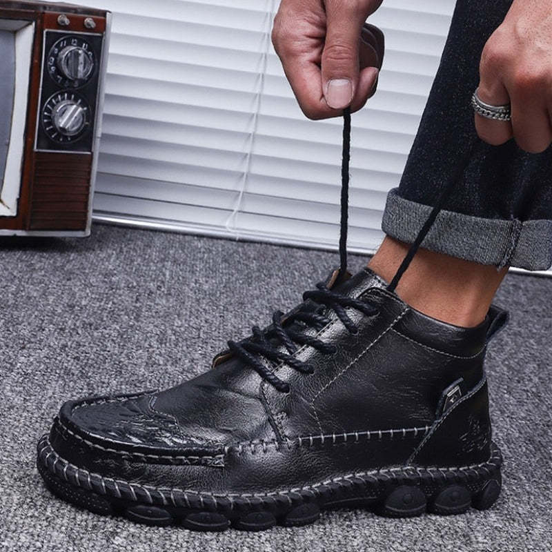 Botines de cuero para hombre, zapatos ortopédicos informales con punta redonda