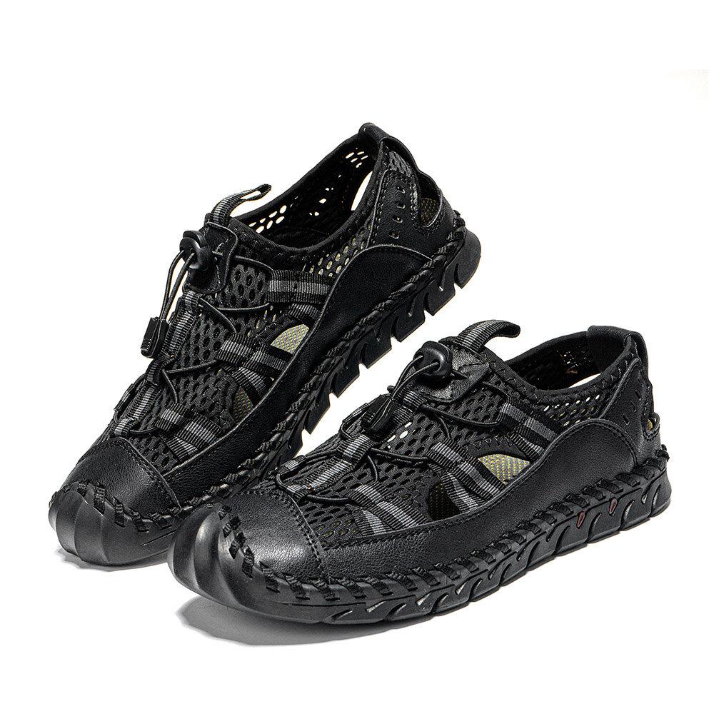 Zapatos de agua con punta cerrada y empalme de malla para hombre, sandalias de cuero de microfibra para exteriores