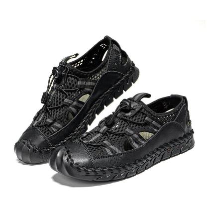 Zapatos de agua con punta cerrada y empalme de malla para hombre, sandalias de cuero de microfibra para exteriores