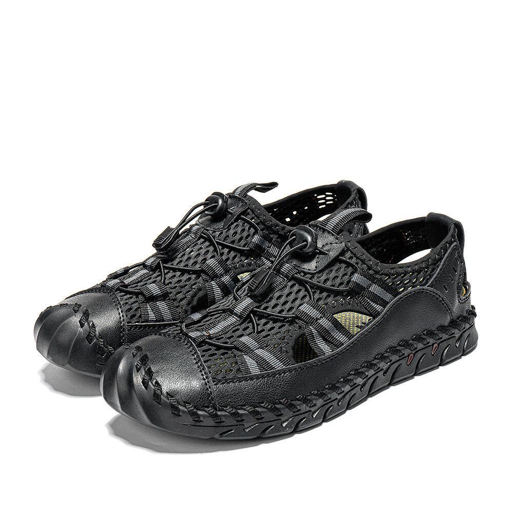 Zapatos de agua con punta cerrada y empalme de malla para hombre, sandalias de cuero de microfibra para exteriores