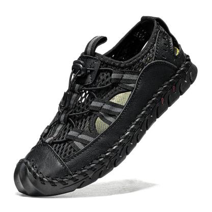 Zapatos de agua con punta cerrada y empalme de malla para hombre, sandalias de cuero de microfibra para exteriores