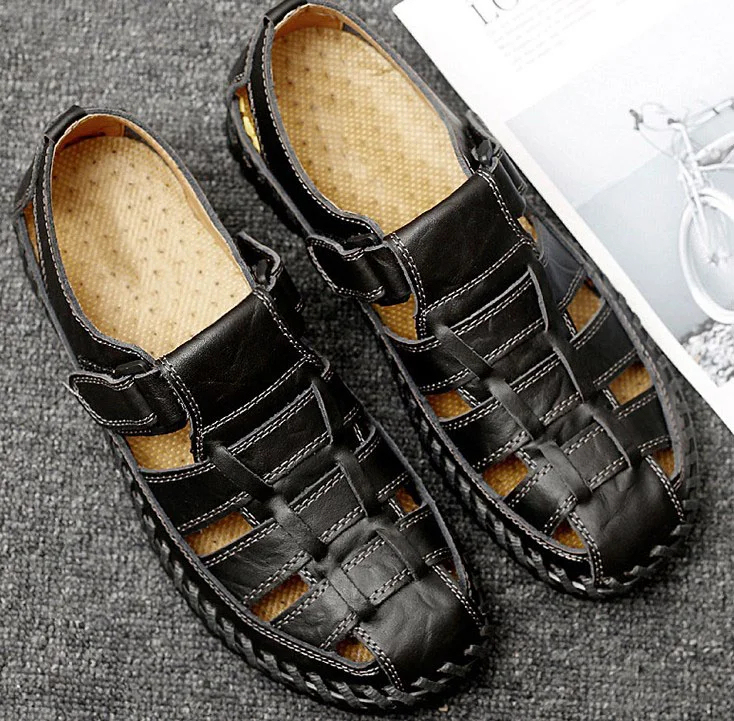 Sandalias casuales de cuero suave cosidas a mano para uso diario en verano para hombre