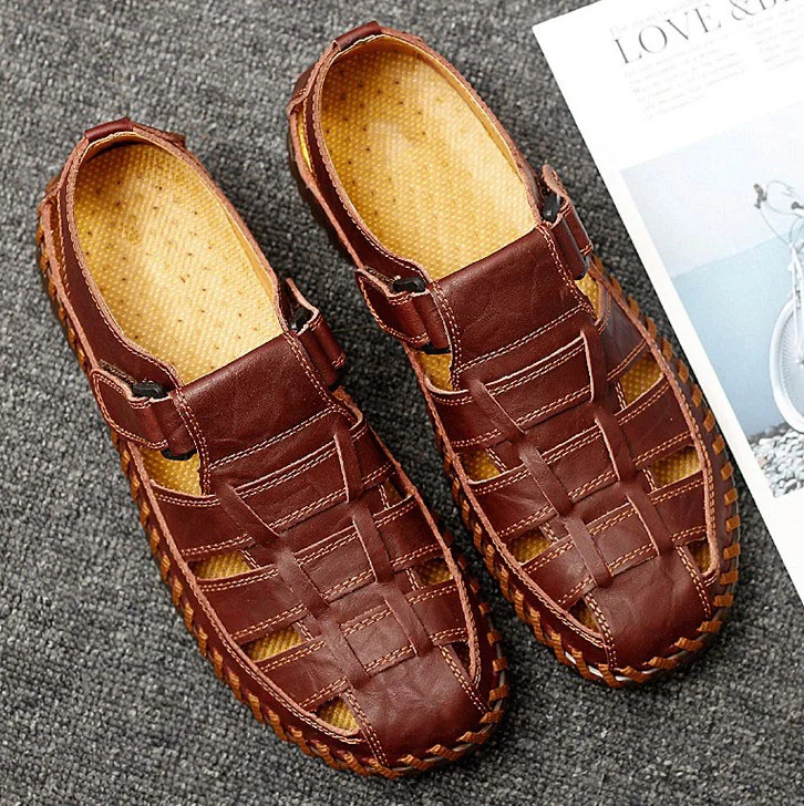 Sandalias casuales de cuero suave cosidas a mano para uso diario en verano para hombre