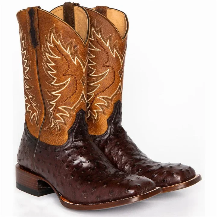 Botas vaqueras estilo western con punta cuadrada, estilo exótico, de estilo retro, de avestruz y tabaco pare mujer