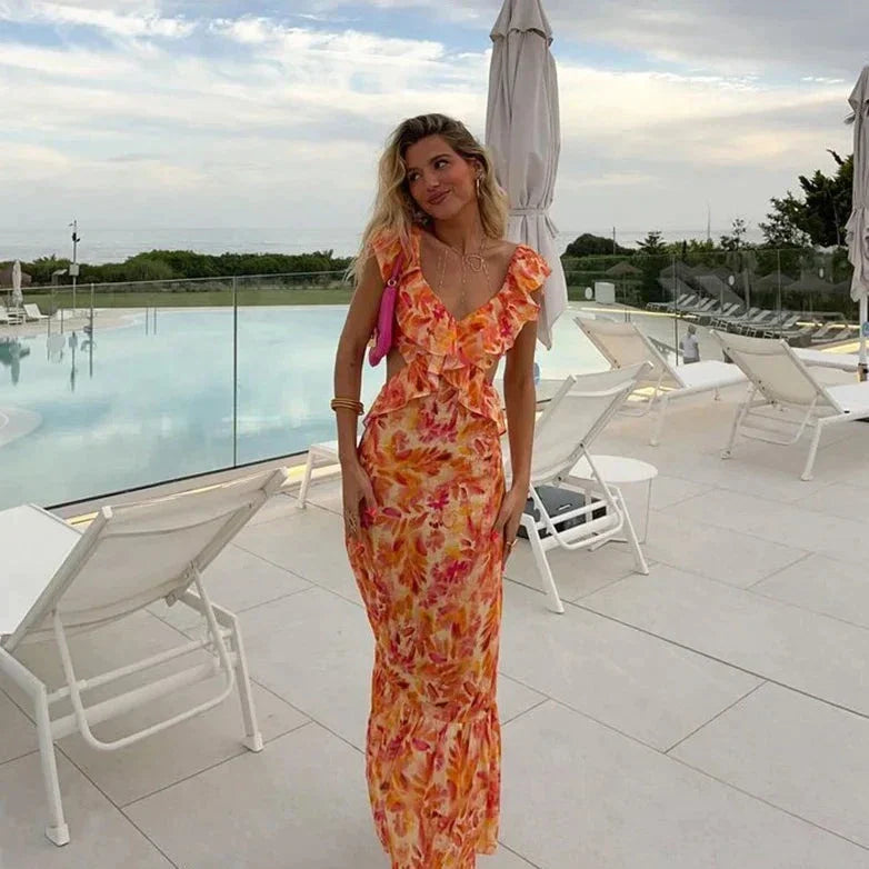 Elegante vestido estampado con volantes