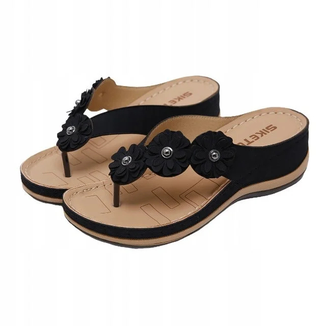 Sandalias playeras con cuña y puntera con clip y flores para mujer