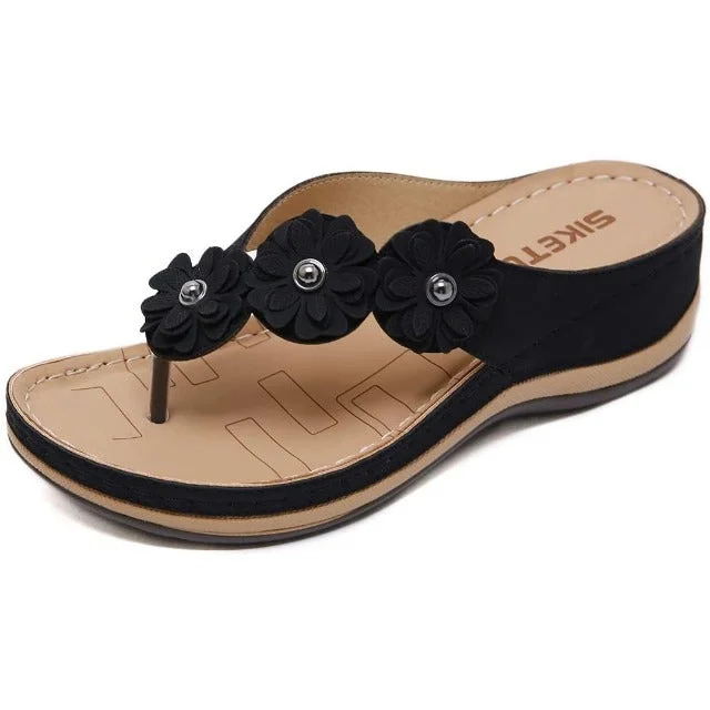 Sandalias playeras con cuña y puntera con clip y flores para mujer