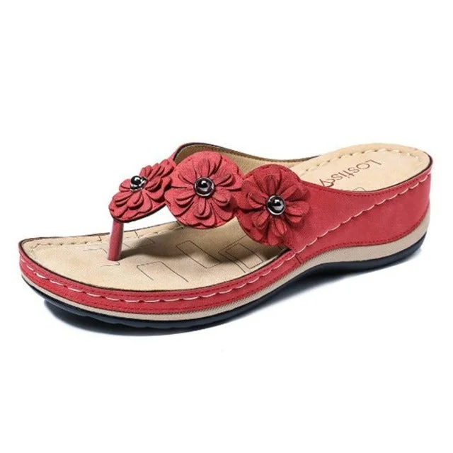 Sandalias playeras con cuña y puntera con clip y flores para mujer