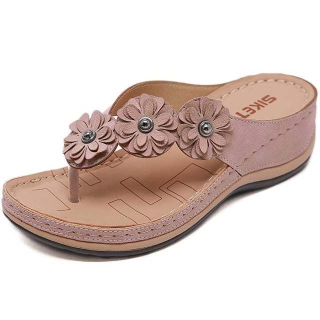 Sandalias playeras con cuña y puntera con clip y flores para mujer