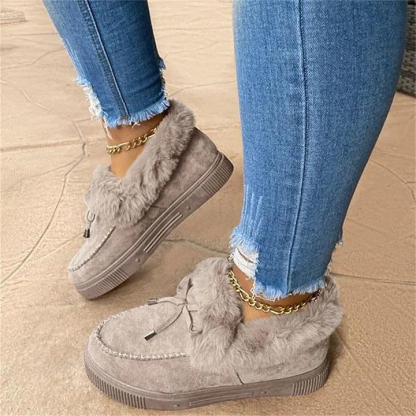 Botas de nieve de pana con forro de piel de felpa para mujer: zapatillas de invierno sin cordones con pelo