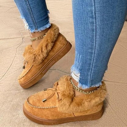 Botas de nieve de pana con forro de piel de felpa para mujer: zapatillas de invierno sin cordones con pelo