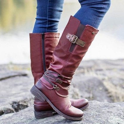 Botas de nieve altas con cremallera de cuero vintage para mujer