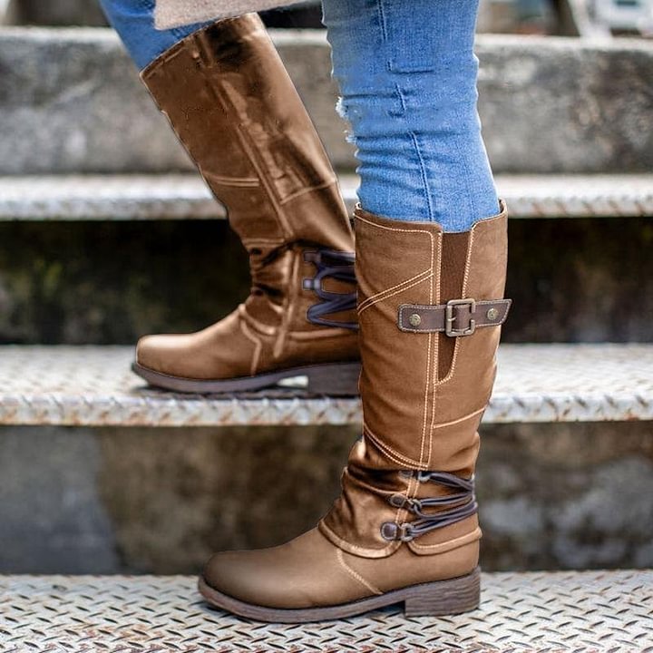 Botas de nieve altas con cremallera de cuero vintage para mujer