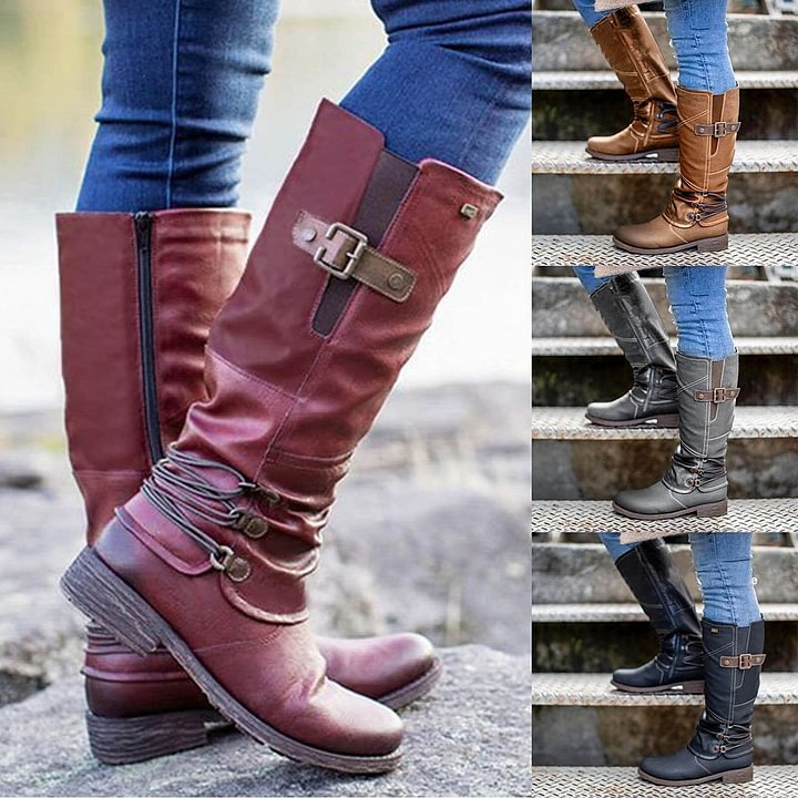 Botas de nieve altas con cremallera de cuero vintage para mujer