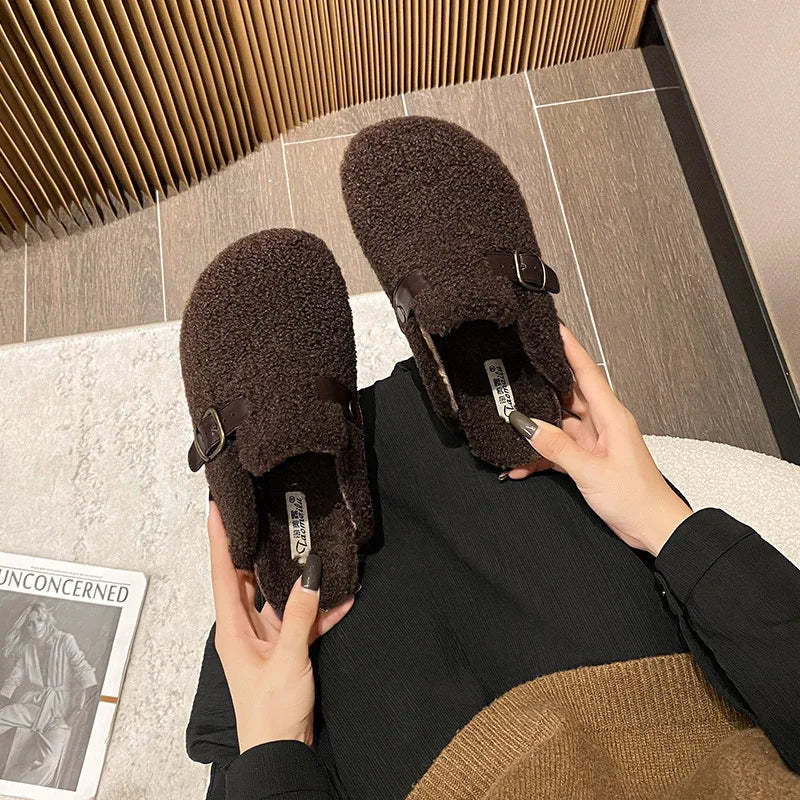 Pantuflas con hebillas peludas | Chanclas de felpa de invierno para mujer