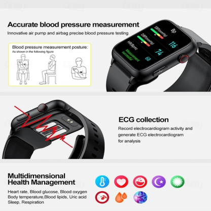 Bomba de aire tipo airbag prueba precisa de presión arterial electrocardiograma ecg monitoreo de temperatura podómetro compatible con android ios mujeres hombres larga espera impermeable