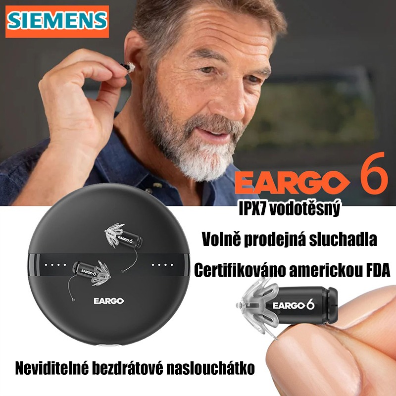 Siemens EARGO 7 OTC sluchadlo: neviditelné, dobíjecí, flexibilní CIC, schváleno FDA.