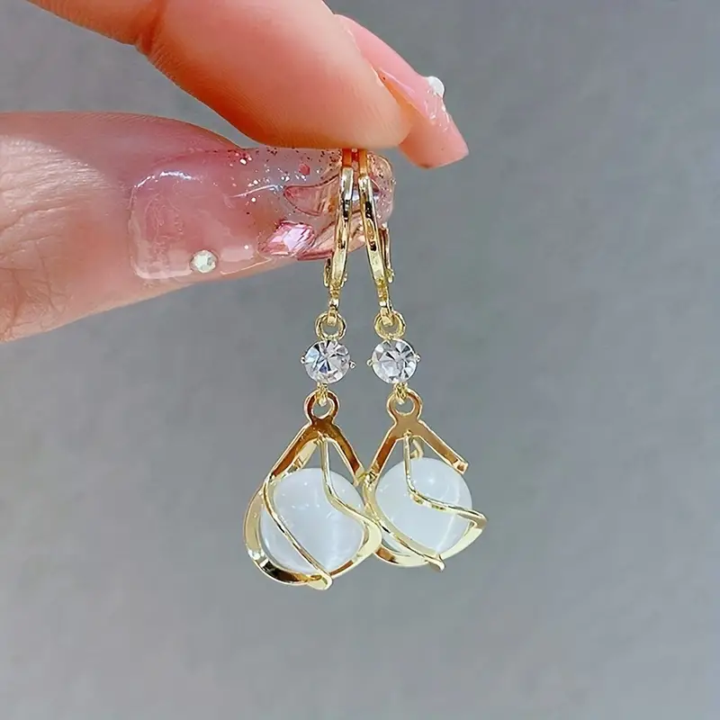 Moonstone Bead Shiny Rhinestone Decor Dangle Earrings Elegant Simple Style Copper Jewelry Delicate Female Gift