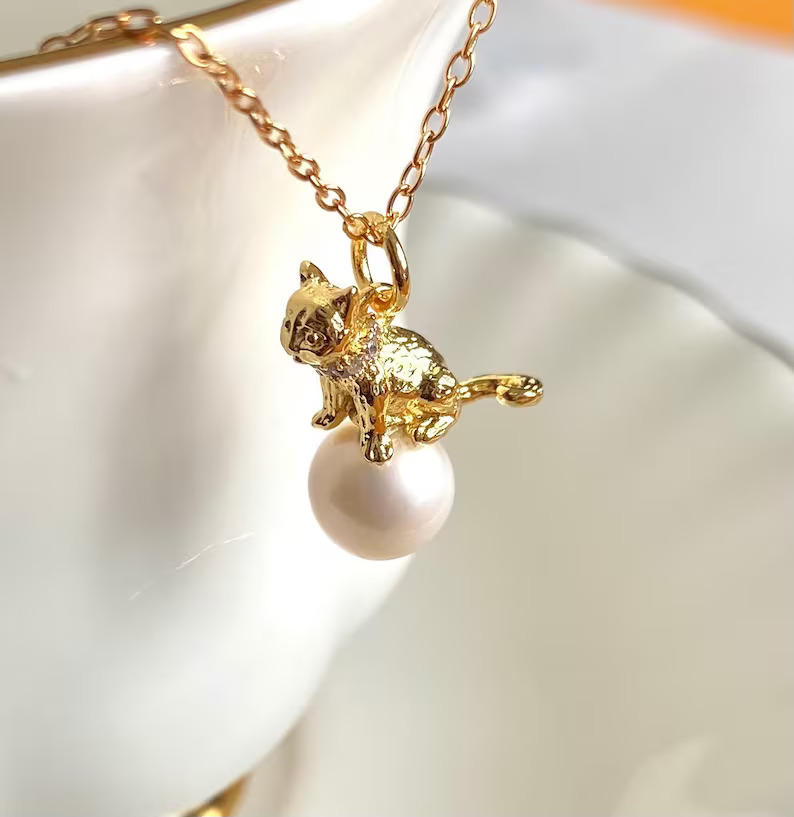 💞 18K masivní zlatý kočičí náhrdelník, dámský zlatý perlový náhrdelník, nádherný přívěskový náhrdelník