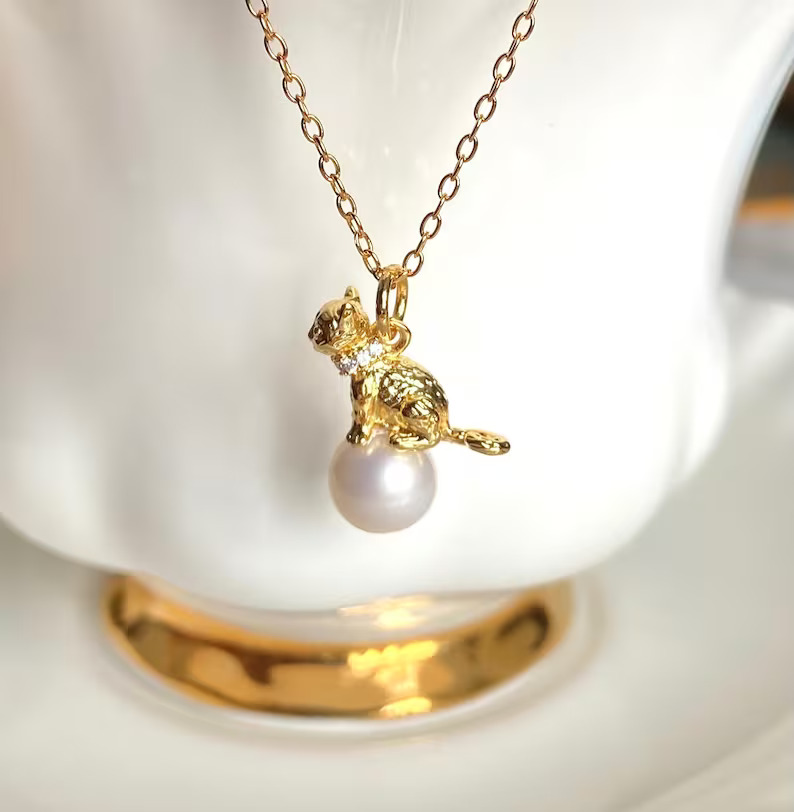 💞 18K masivní zlatý kočičí náhrdelník, dámský zlatý perlový náhrdelník, nádherný přívěskový náhrdelník