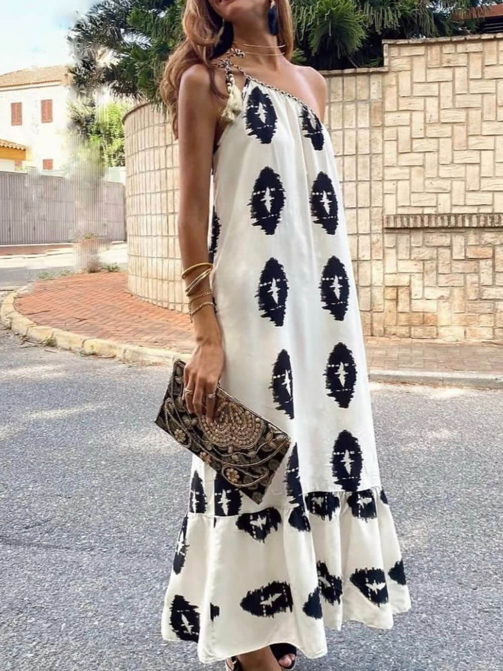 Sunshine Ethnic Print One Shoulder Loose Maxi Dress