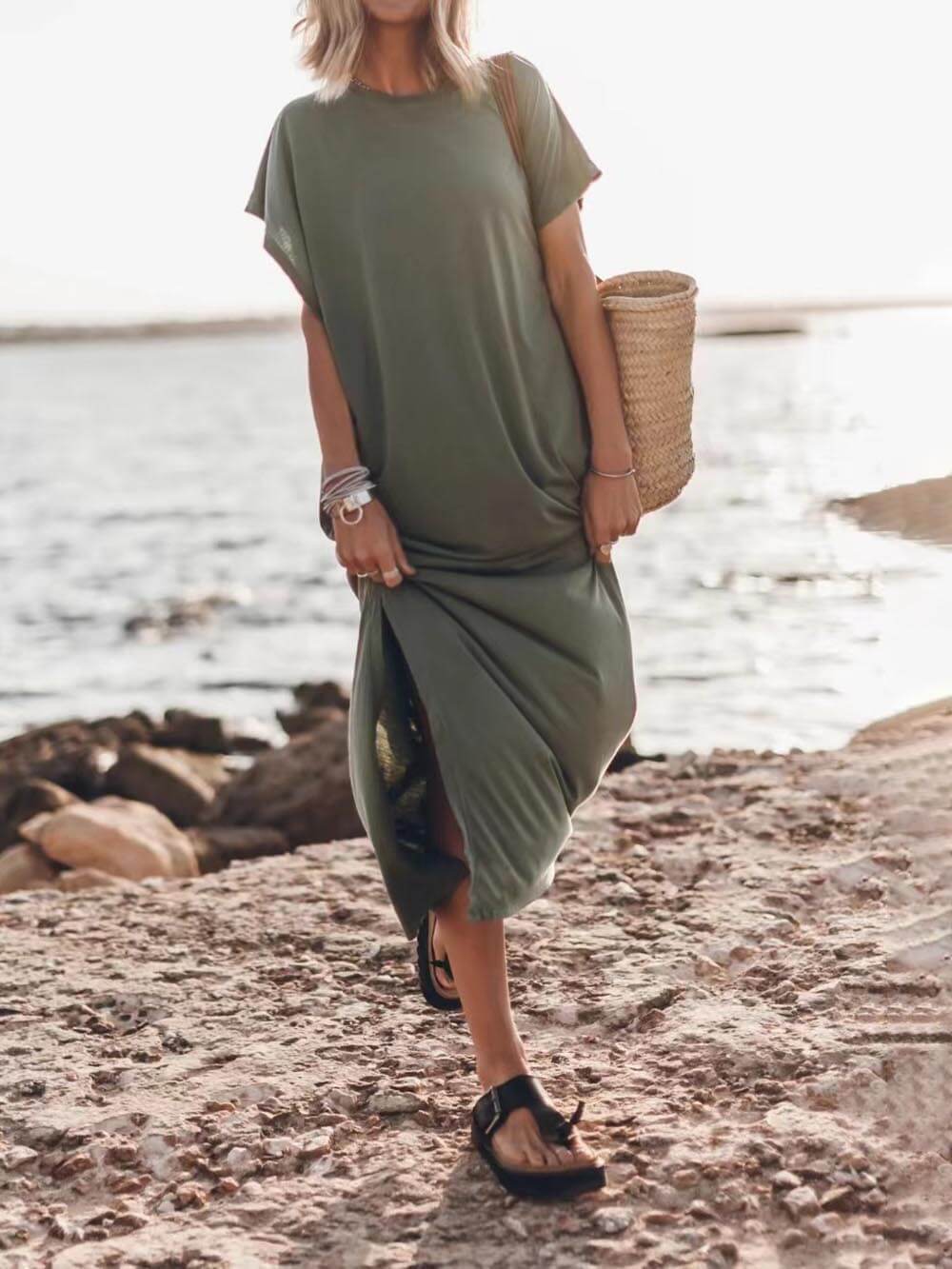 Effortless Open Sleeve Slit Oversized T-shirt Midi Dress