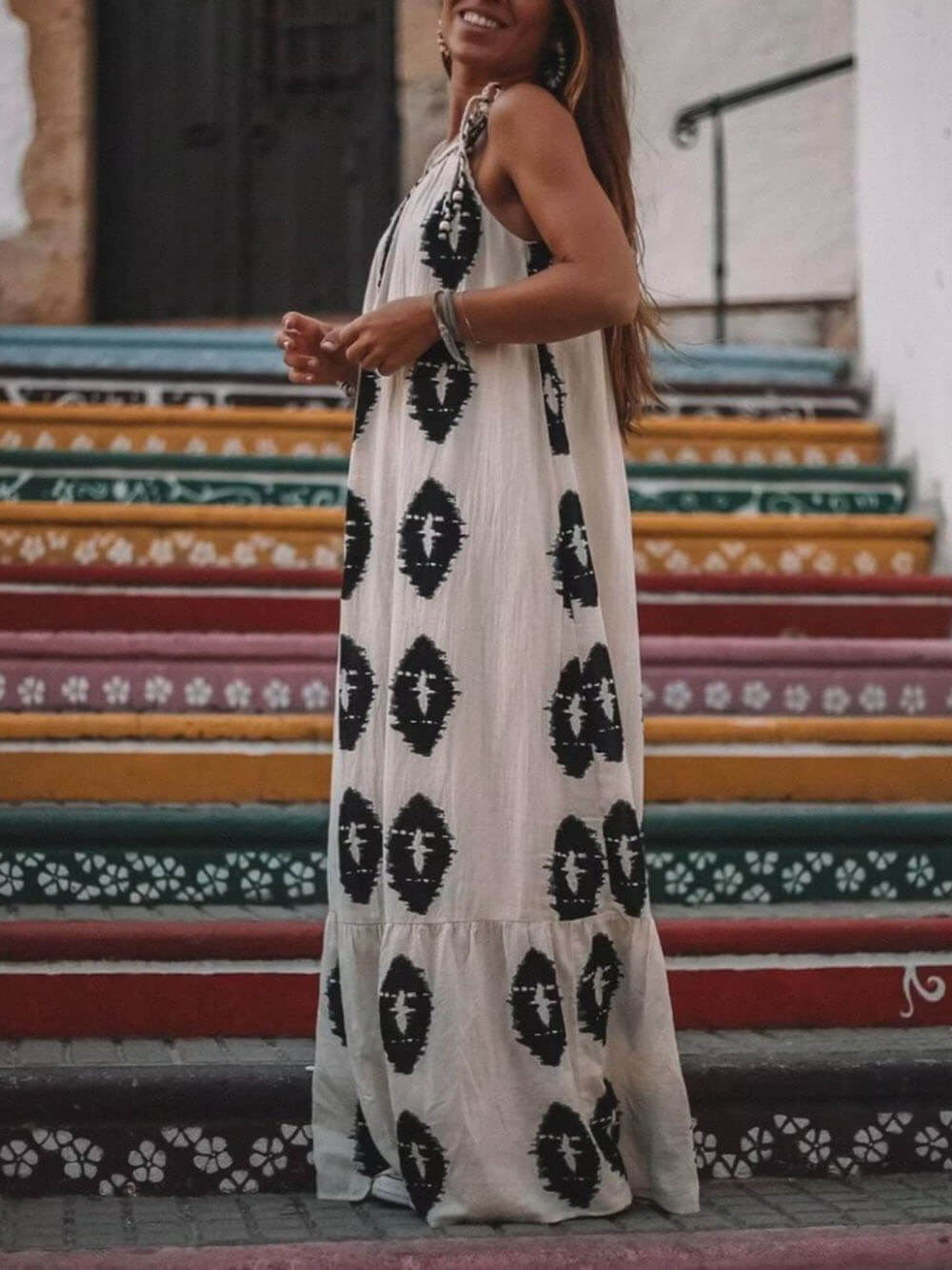 Sunshine Ethnic Print One Shoulder Loose Maxi Dress