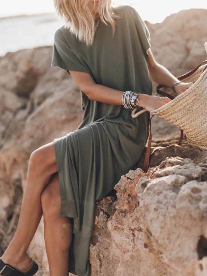 Effortless Open Sleeve Slit Oversized T-shirt Midi Dress